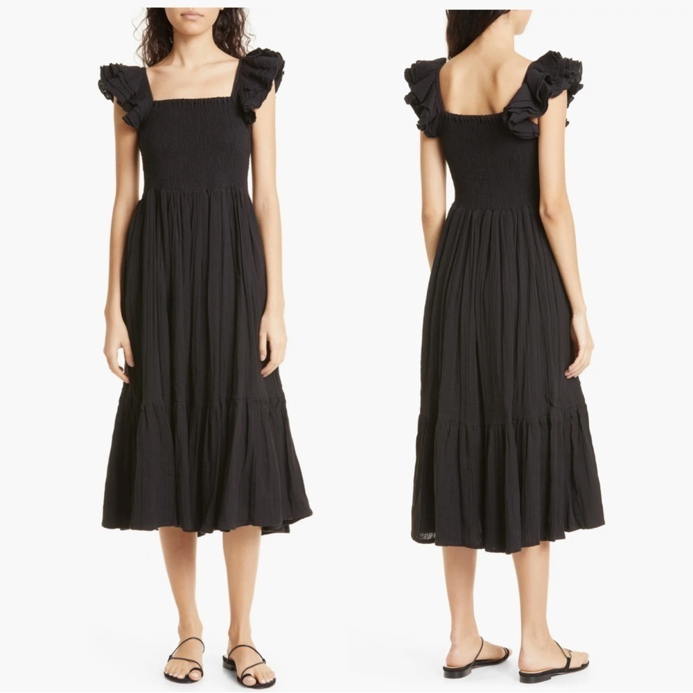 Mille Olympia Smocked Double Gauze Midi Dress Black